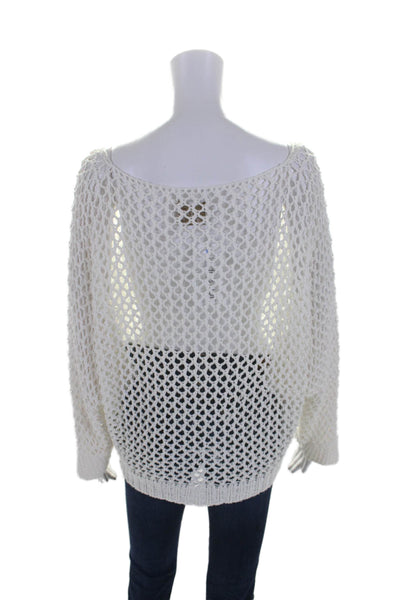 Brand Bazar Womens Open Knit Long Sleeve Pullover Sweater Top White Size M