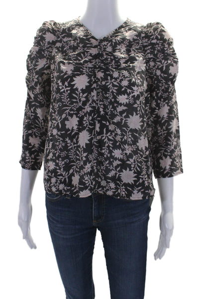 Ulla Johnson Womens Silk Floral Print Long Sleeves Blouse Black Pink Size 2