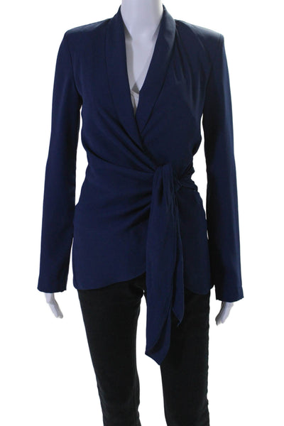 Amanda Uprichard Women's Collared Long Sleeves Wrap Blouse Navy Blue Size XS