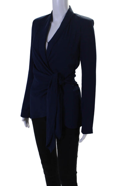 Amanda Uprichard Women's Collared Long Sleeves Wrap Blouse Navy Blue Size XS