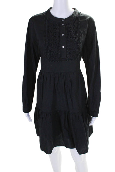 J Crew Womens Cotton Button Down Long Sleeve Lined Tiered Dress Black Size L