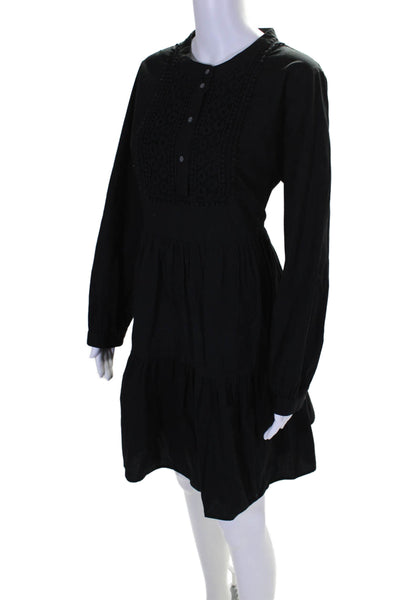 J Crew Womens Cotton Button Down Long Sleeve Lined Tiered Dress Black Size L