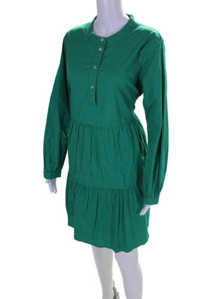 J Crew Womens Cotton Long Sleeve Button Up Knee Length Tiered Dress Green Size L