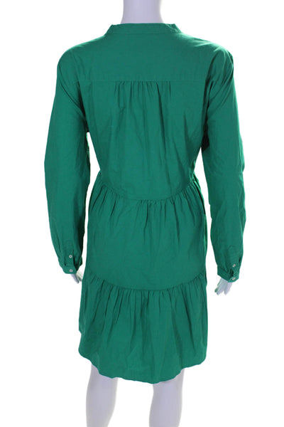 J Crew Womens Cotton Long Sleeve Button Up Knee Length Tiered Dress Green Size L