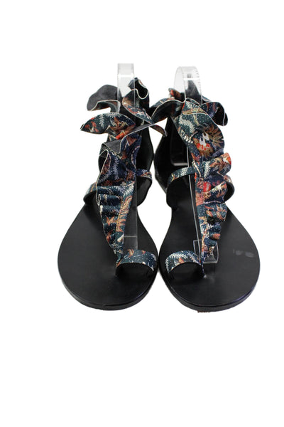 Isabel Marant Womens Back Zip Ruffled Floral T Strap Sandals Navy Blue Size 37