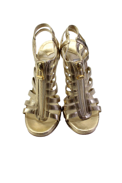 Jimmy Choo Womens Front Zip Stiletto Metallic Leather Sandals Gold Tone Size 37