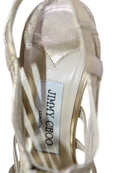 Jimmy Choo Womens Front Zip Stiletto Metallic Leather Sandals Gold Tone Size 37