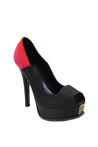 Fendi Womens Stiletto Platform Peep Toe Pumps Black Red Pink Size 37