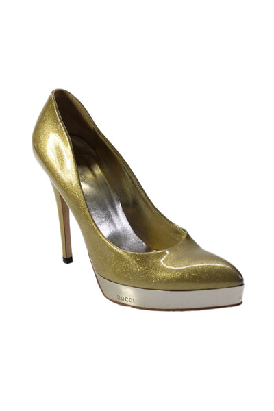 Gucci Womens Stiletto Pointed Toe Glitter Pumps Gold Tone Patent Leather Size 37