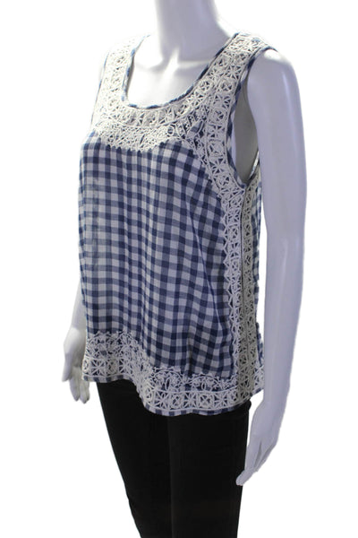 Calypso Womens Sleeveless Check Print Embellished Blouse Blue Size Small