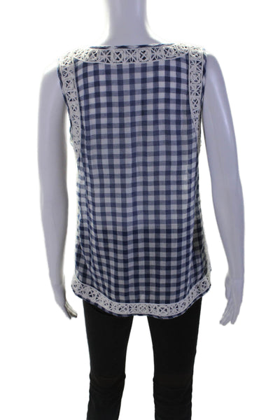 Calypso Womens Sleeveless Check Print Embellished Blouse Blue Size Small