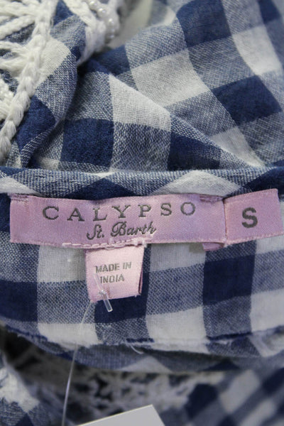 Calypso Womens Sleeveless Check Print Embellished Blouse Blue Size Small