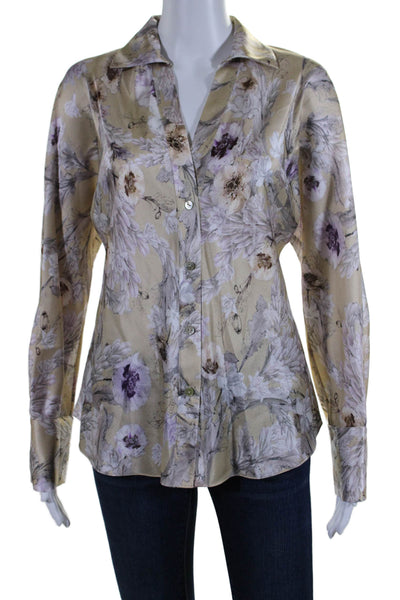 Vince Women's Collared Long Sleeves Button Down Floral Shirt Beige Size S