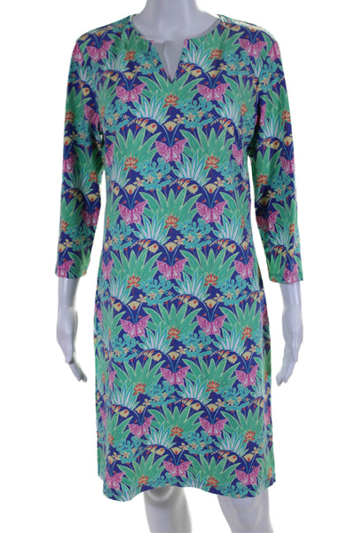 J. Mclaughlin Womens Stretch Floral Round Neck Long Sleeve Dress Green Size L