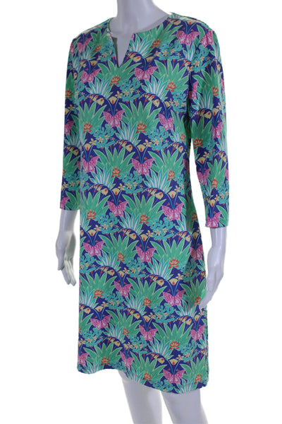 J. Mclaughlin Womens Stretch Floral Round Neck Long Sleeve Dress Green Size L