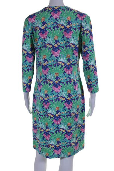 J. Mclaughlin Womens Stretch Floral Round Neck Long Sleeve Dress Green Size L