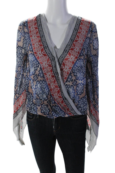 BCBGMAXAZRIA Womens Silk Floral Print Kimono Sleeve V-Neck Blouse Blue Size XS