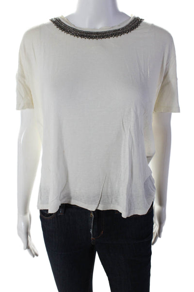 The Kooples Womens Jeweled Textured Round Neck Short Sleeve Blouse White Size 2