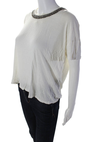 The Kooples Womens Jeweled Textured Round Neck Short Sleeve Blouse White Size 2