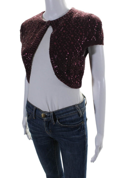 Nanette Lepore Womens Wool Short Sleeve Beaded Bolero Sweater Purple Size M