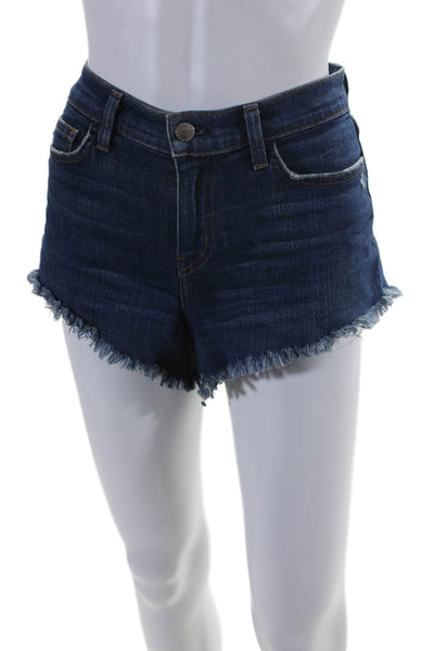 L'Agence Cotton Denim Five Pocket Mid-Rise Cut Off Shorts Blue Size 25