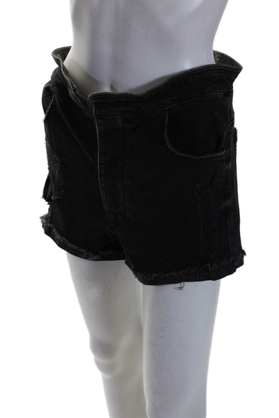 R+A Womens Button Fly Zipper Trim Distressed Denim Short Shorts Gray Size 27