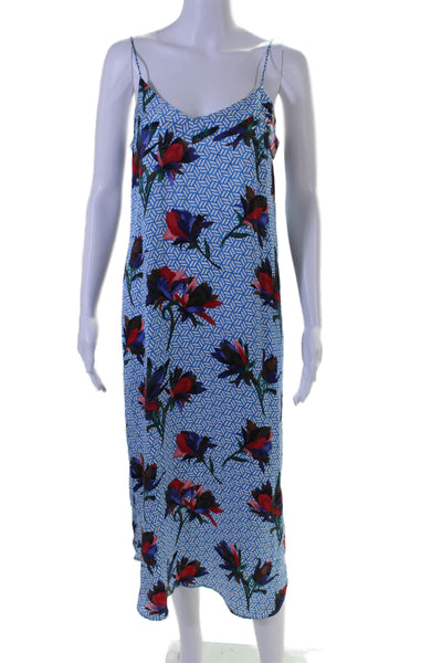 Equipment Femme Womens Silk Floral Print Split Hem Midi Slip Dress Blue Size XS