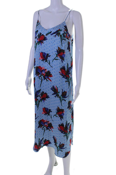 Equipment Femme Womens Silk Floral Print Split Hem Midi Slip Dress Blue Size XS