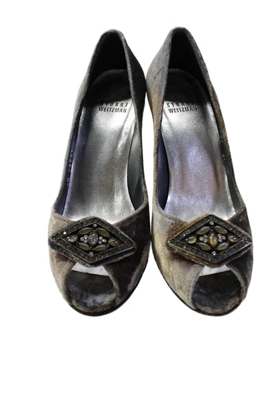 Stuart Weitzman Womens Velvet Peep Toe Gemstone Pumps Misty Gray Size 6.5US M