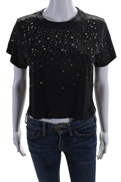 Allsaints Women's Short Sleeves Studs Rhinestone Cropped T-Shirt Black Size 6