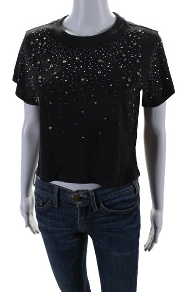 Allsaints Women's Short Sleeves Studs Rhinestone Cropped T-Shirt Black Size 6