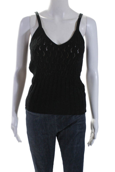 Minnie Rose Womens Sleeveless V Neck Open Knit Tank Top Black Size XS