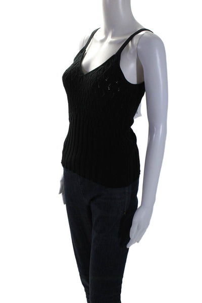 Minnie Rose Womens Sleeveless V Neck Open Knit Tank Top Black Size XS