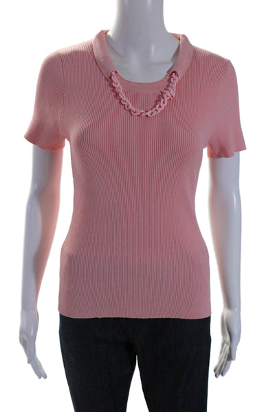 Edward Achour Womens Short Sleeve Crew Neck Rib Knit Top Pink Medium