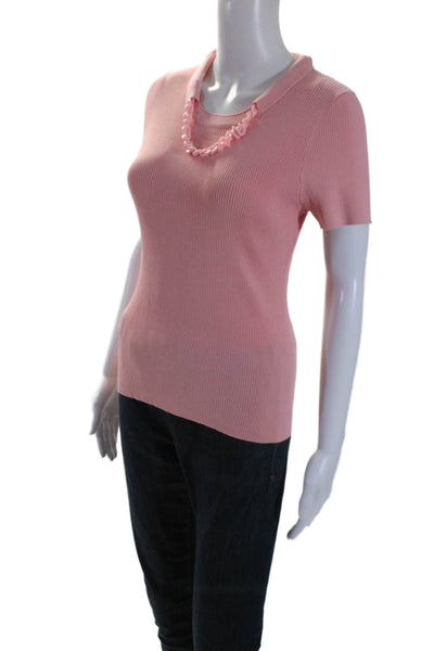 Edward Achour Womens Short Sleeve Crew Neck Rib Knit Top Pink Medium