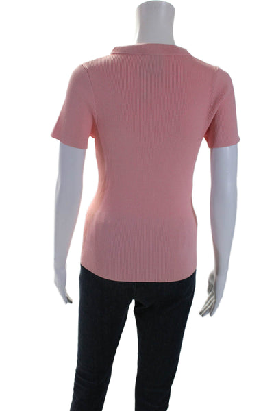 Edward Achour Womens Short Sleeve Crew Neck Rib Knit Top Pink Medium