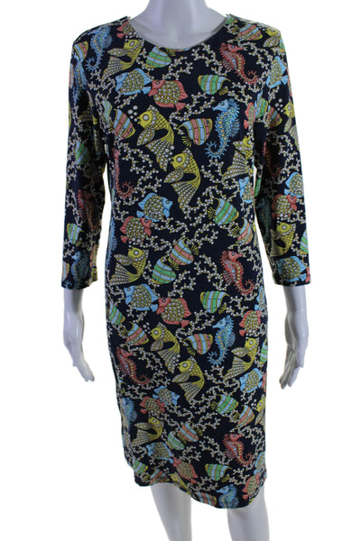 J. Mclaughlin Womens Stretch Fish Print Round Neck Long Sleeve Dress Navy Size L