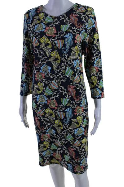 J. Mclaughlin Womens Stretch Fish Print Round Neck Long Sleeve Dress Navy Size L