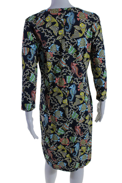 J. Mclaughlin Womens Stretch Fish Print Round Neck Long Sleeve Dress Navy Size L