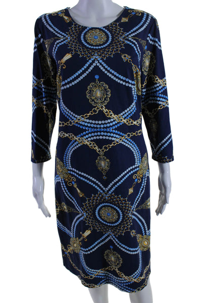 J. Mclaughlin Womens Abstract Print Round Neck Long Sleeve Dress Navy Size L