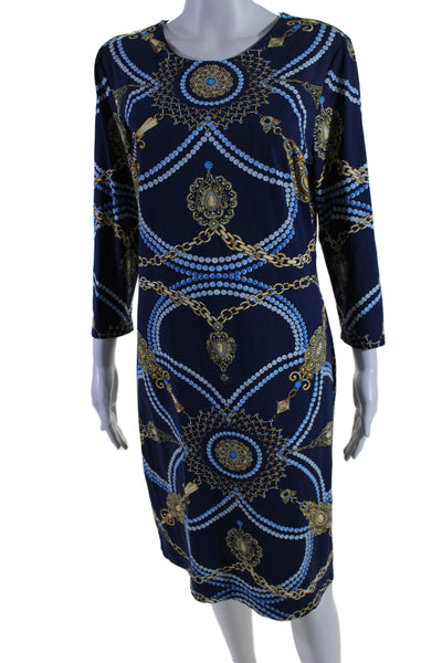 J. Mclaughlin Womens Abstract Print Round Neck Long Sleeve Dress Navy Size L