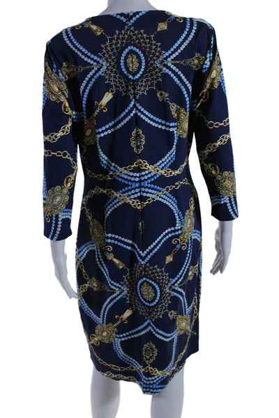 J. Mclaughlin Womens Abstract Print Round Neck Long Sleeve Dress Navy Size L