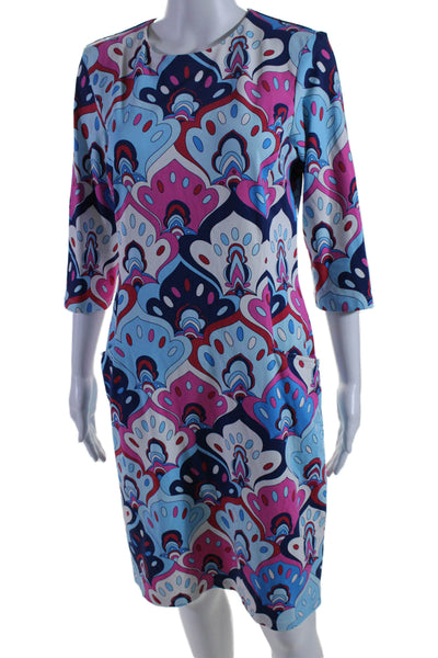 J. Mclaughlin Womens Abstract Round Neck Long Sleeve Dress Light Blue Size L