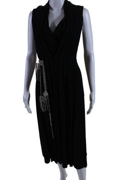 Gucci Womens Back Zip Sleeveless V Neck Crystal Midi Shift Dress Black Small