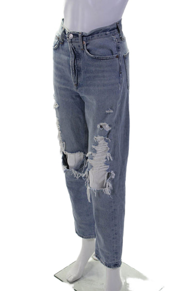 Agolde Womens Cotton Button High Rise Distress Straight Jeans Blue Size EUR 23