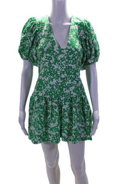 Shona Joy Women's V-Neck Puff Sleeves Tiered Mini Dress Green Floral Size 4