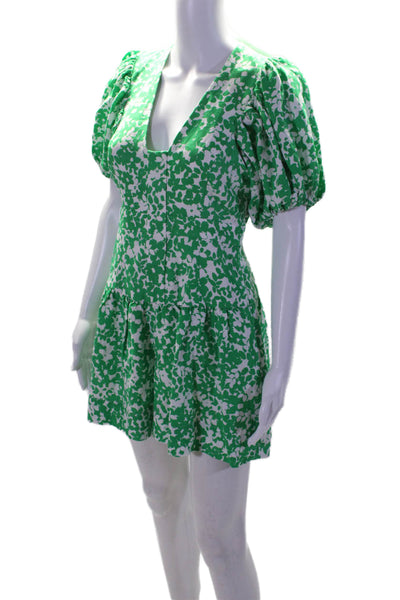 Shona Joy Women's V-Neck Puff Sleeves Tiered Mini Dress Green Floral Size 4