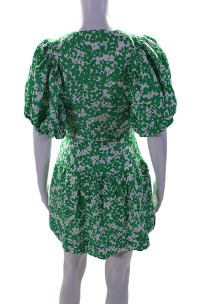 Shona Joy Women's V-Neck Puff Sleeves Tiered Mini Dress Green Floral Size 4