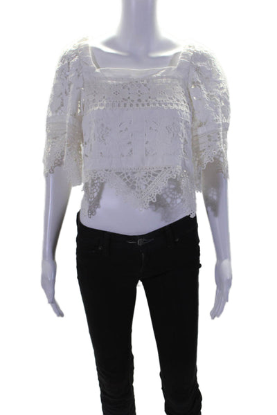 Sea Women's Square Neck Short Sleeves Crochet Tie Back Blouse White Size S