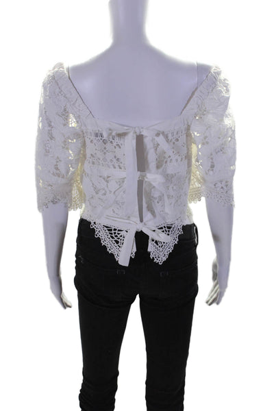 Sea Women's Square Neck Short Sleeves Crochet Tie Back Blouse White Size S